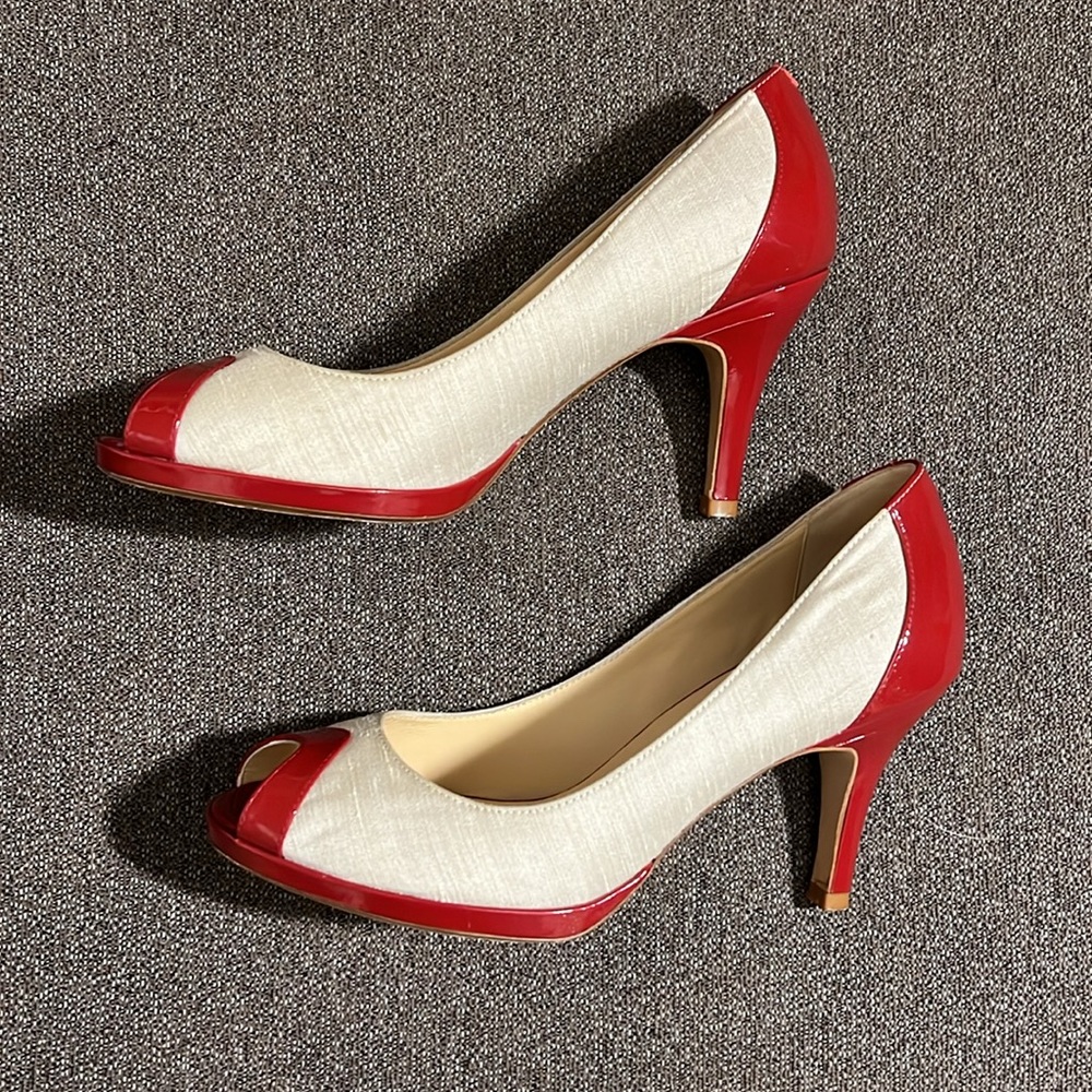 Cole Haan Red and Cream Peep Toe Heels